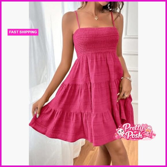 Spaghetti Strap Smock Cami Mini Dress A-Line Swing Boho - Picture 2 of 5